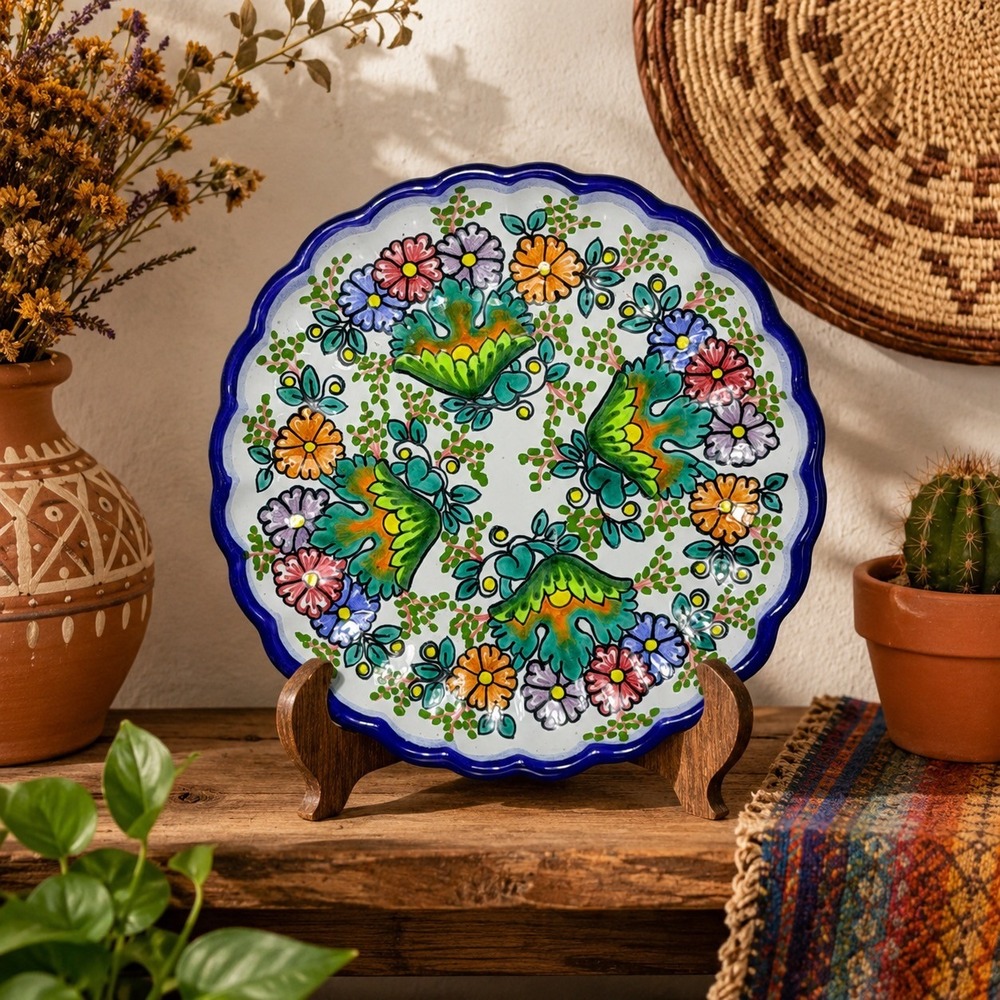 Vintage Talavera Puebla Mexico Floral Scalloped Ceramic Plate Size 9in Folk Art